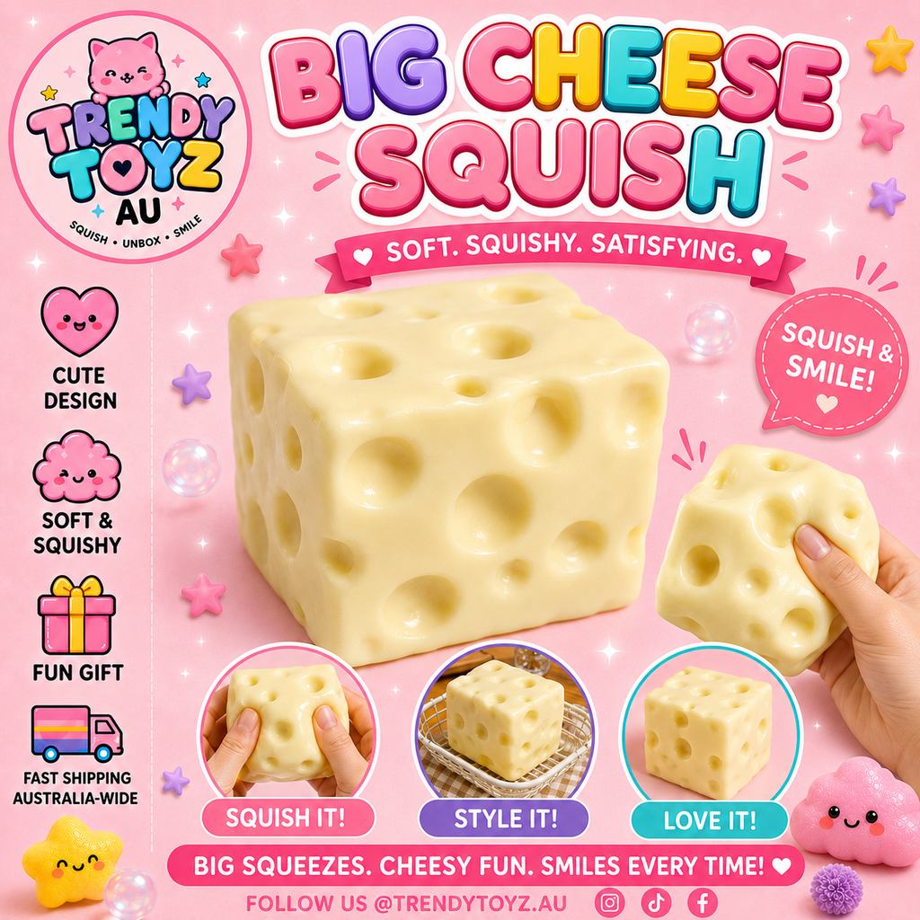 Trendy Toyz AU cheese squishy graphic — soft, squishy, satisfying.