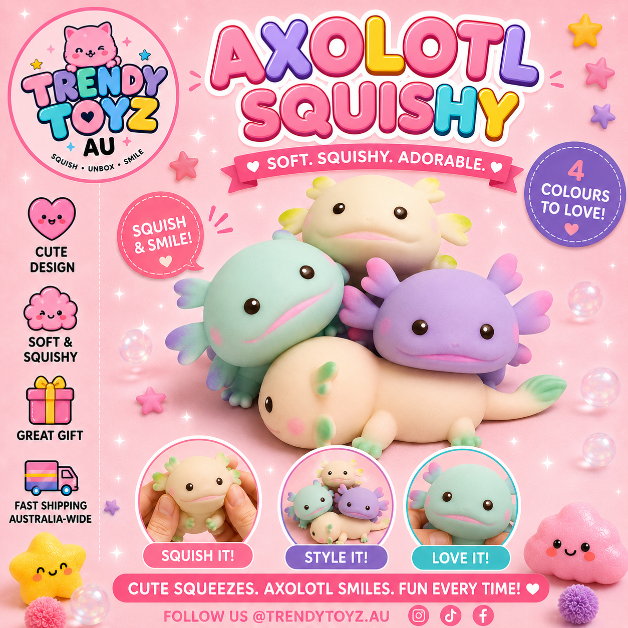 Trendy Toyz AU Axolotl Squishy — soft, squishy, adorable, in four colours.