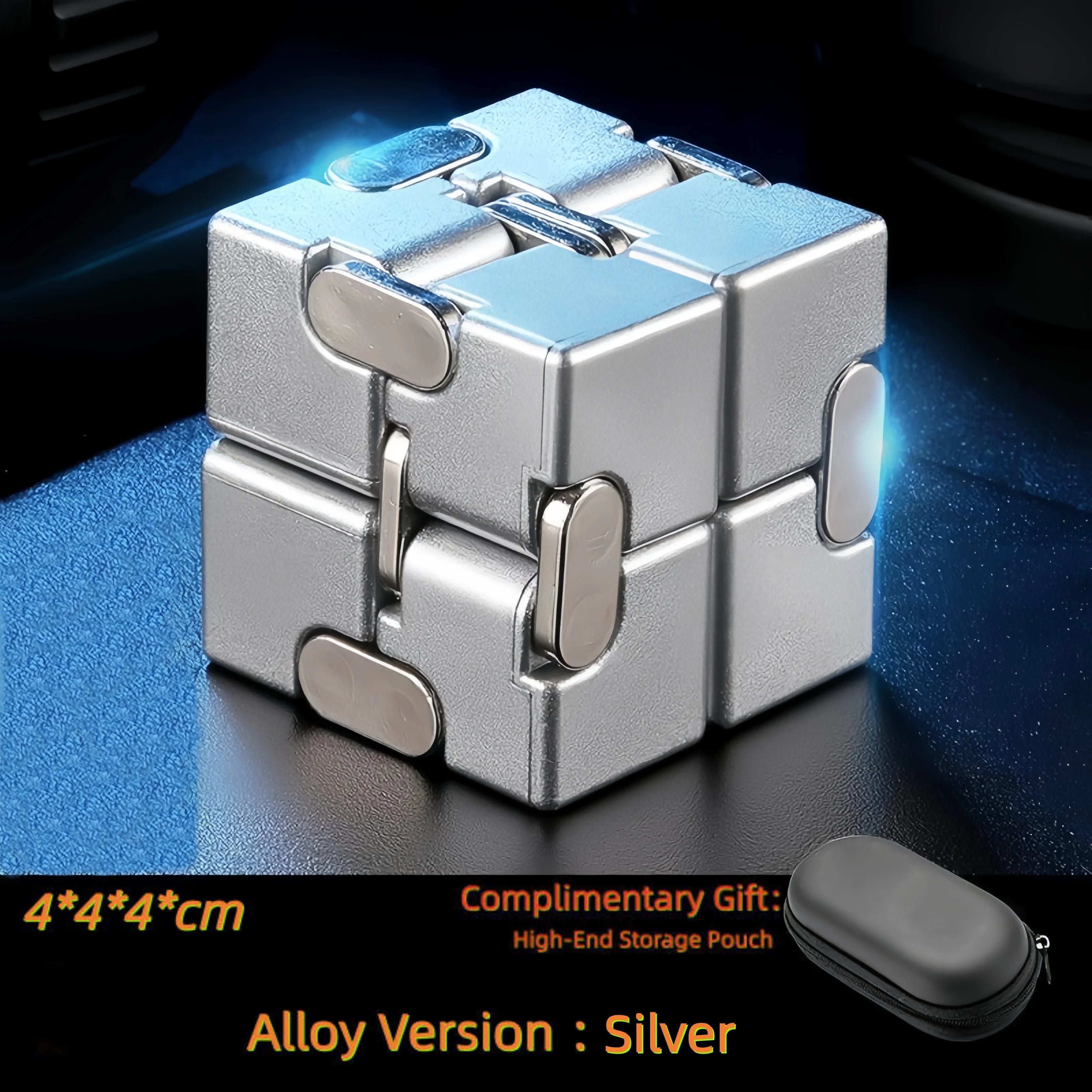 A silver alloy infinity cube shown with its storage pouch.