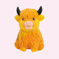 Highland Cow Squishy in orange, a fluffy slow rise sensory toy, on a pink background - Trendy Toyz AU