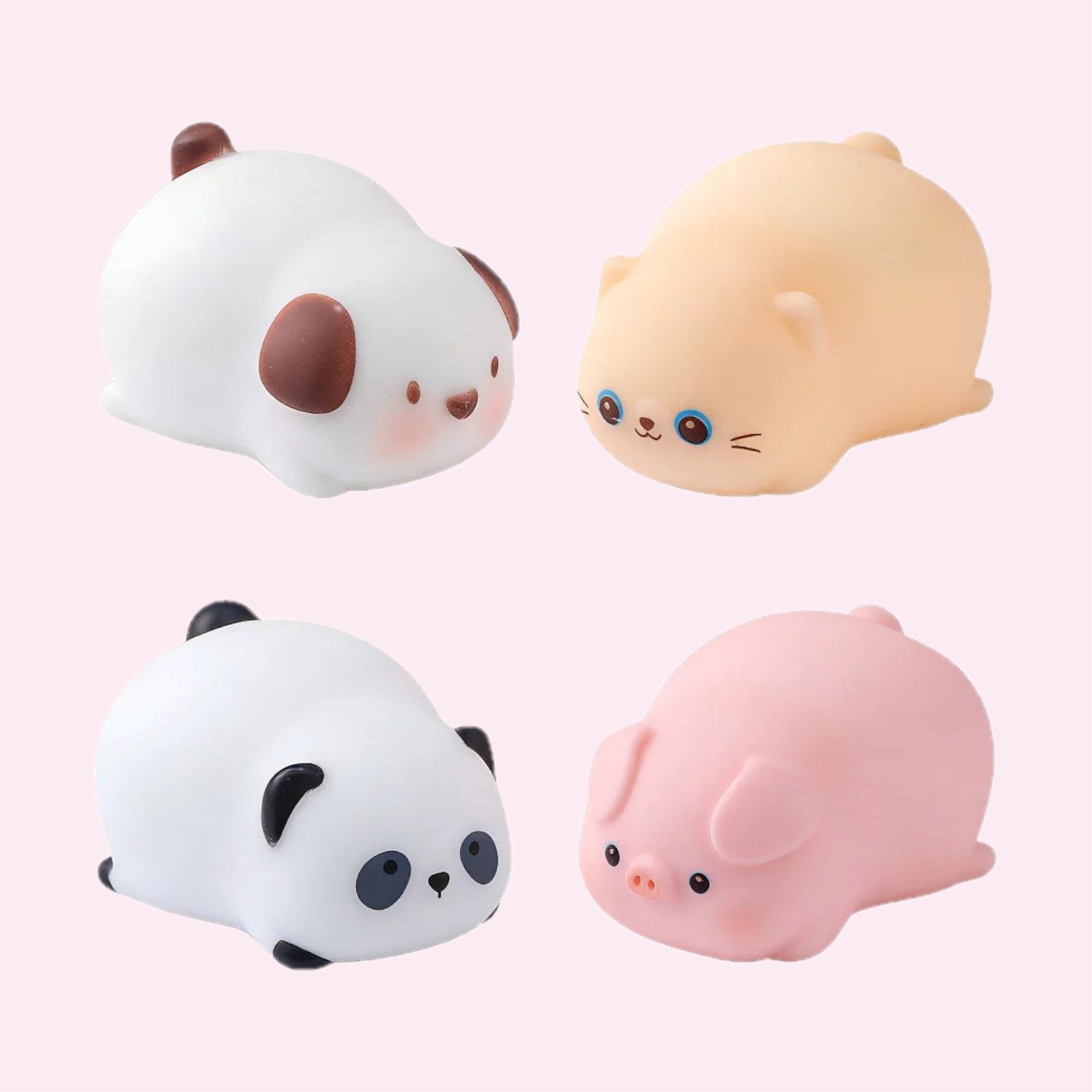 Four mochi pet squishies - panda, kitten, puppy and piggy - on a pink background - Trendy Toyz AU