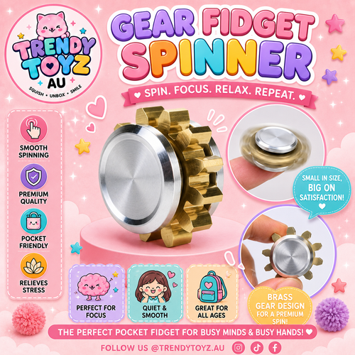 Trendy Toyz AU Gear Fidget Spinner — spin, focus, relax, repeat. Brass gear design.
