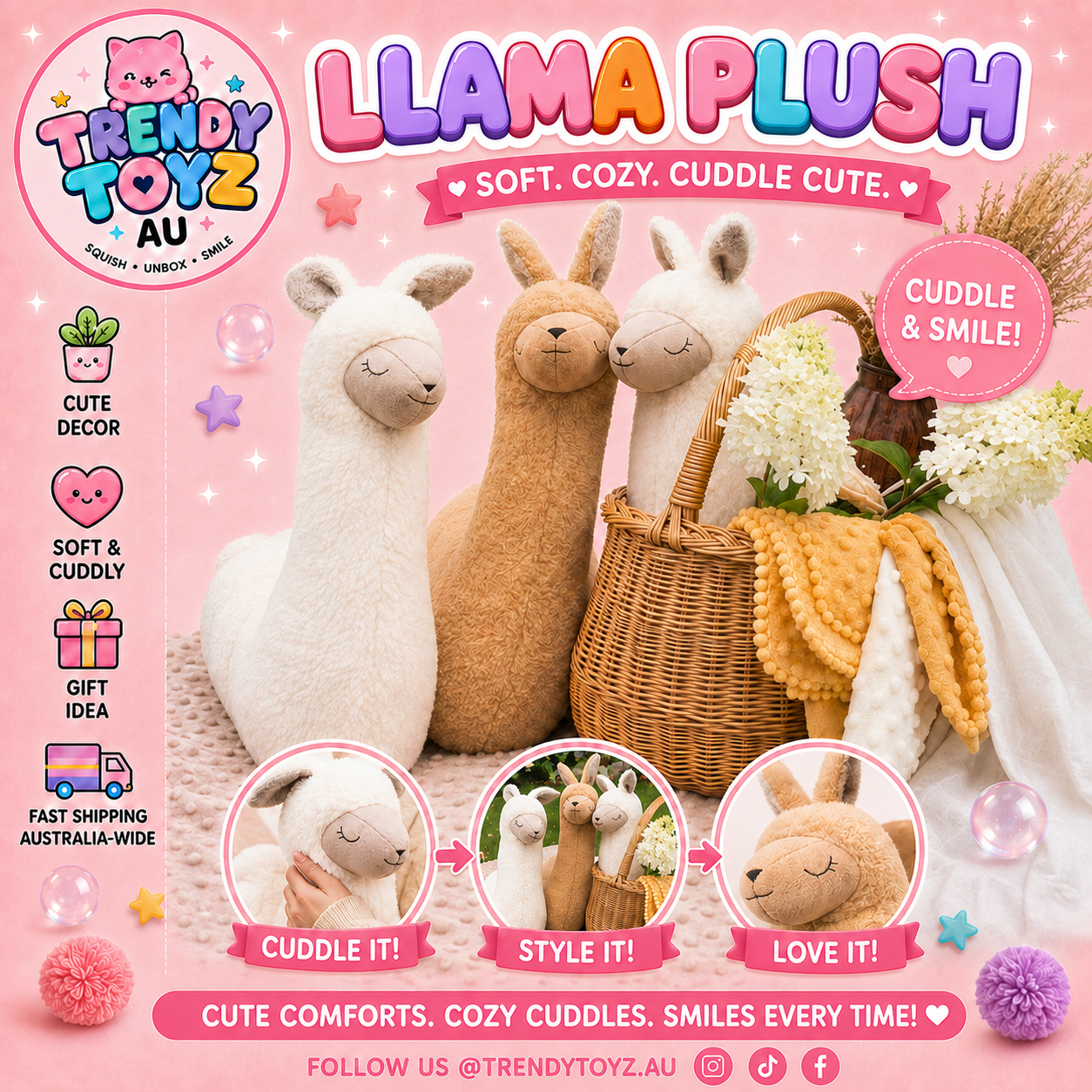 Trendy Toyz AU Llama Plush — soft, cozy, cuddle cute. Handmade 50cm plush llama.